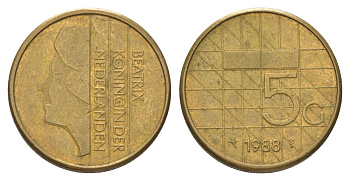 Нидерланды 5 гульденов 1988 Беатрикс (1980-2013) KM 210 никель плакированная бронзой 4628-853