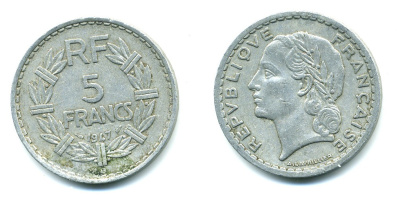 Франция 5 франков 1947 B, открытая 9, тип Лаврийе KM 888b.2, Le Franc 339.11 алюминий 47-712