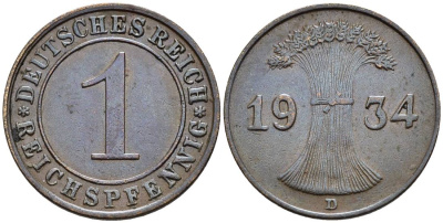 ГЕРМАНИЯ 1 РЕЙХСПФЕННИГ 1934 D KM 37, J. 313, Weege 2 бронза 4547-212