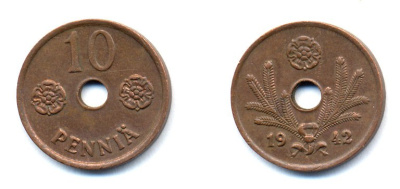 ФИНЛЯНДИЯ 10 ПЕННИ 1942 KM 33.1 медь 51-4953