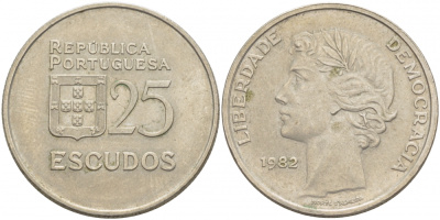 Португалия 25 эскудо 1982 KM 607а медно-никель 87-711
