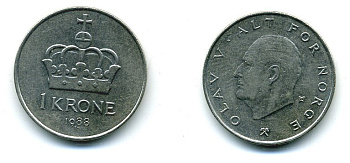 НОРВЕГИЯ 1 КРОНА 1988 ОЛАФ V KM 419 медно-никель 25-2241