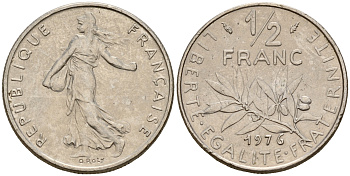 Франция 1/2 франка 1976 сеятель KM 931.1, LE FRANC 198.15 никель    4598-264