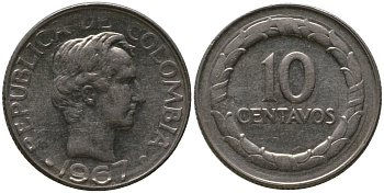 Колумбия 10 сентаво 1967 KM 226 сталь плакированная никелем 4576-1049