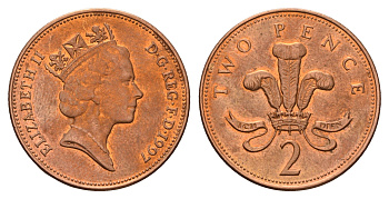 Великобритания 2 пенса 1997 Елизавета II (1952-2022) KM 936a, Spink 4376 (C4) сталь плакированная медью 186-541