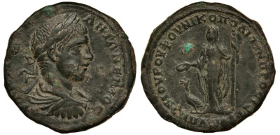 Римская Империя, Провинция Нижняя Мезия, Никополь-на-Истре пентассарий 218 - 222 Элагабал, бюст императора / Гера со скипетром и патерой, у ног павлин, 13,62 гр Varbanov 4030 медь 1073-7-55