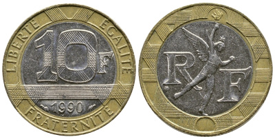 Франция 10 франков 1990 тип Гений Бастилии KM 964.1, Le Frank 375.5 биметалл 51-5146
