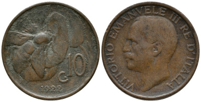 ИТАЛИЯ 10 ЧЕНТЕЗИМО 1922 R, ВИКТОРИО ЭМАНУИЛ III, ПЧЕЛА KM 60 медь 34-1225