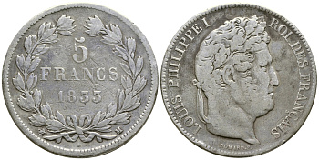 Франция 5 франков 1833 M, Луи Филипп I (1830-1848) KM 749.9 серебро 4386-234