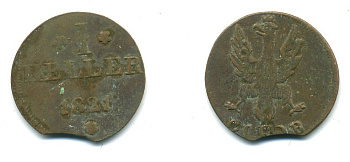 Франкфурт 1 геллер 1821 GB AKS 30, Jaeger 10, KM 301 медь 54-625