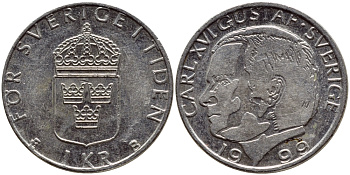 Швеция 1 крона 1999 Карл XVI Густав (1973- ) KM 852a медно-никель 4385-457