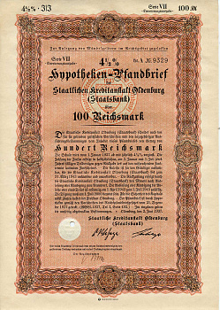 Германия 100 рейхсмарок 1937 Государственное кредитное учреждение Ольденбурга (Государственный банк), ипотечный залог под залог 4-1/2%, облигация   бумага   8802-23-1
