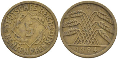 ГЕРМАНИЯ 5 РЕНТЕНПФЕННИГОВ 1924 A KM 32, J. 308, Weege 6 алюминиевая бронза 211-546