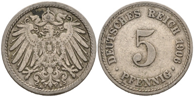 ГЕРМАНИЯ 5 ПФЕННИГОВ 1906 A, KM 11, J. 12 медно-никель 75-825