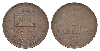 Латвия 5 сантимов 1922 KM 3 бронза 4658-1162
