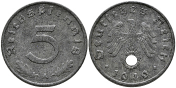 ГЕРМАНИЯ 5 РЕЙХСПФЕННИГОВ 1940 А, KM 100, J. 370 цинк 96-641