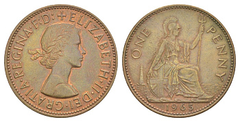 Великобритания 1 пенни 1965 Елизавета II (1952-2022) КМ 897, Spink 4157 бронза 4168-644
