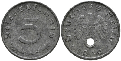 ГЕРМАНИЯ 5 РЕЙХСПФЕННИГОВ 1940 А, KM 100, J. 370 цинк 96-641