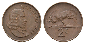 ЮАР 2 цента 1966 Ян ван Рибек (1619-1677), South Africa, легенда на английском, антилопа KM 66.1 бронза 4693-552