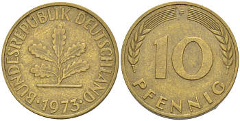 ФРГ 10 ПФЕННИГОВ 1973 F KM 108, J. 383 сталь плакированная латунью 4182-833