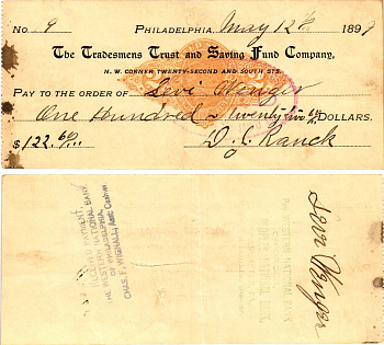 США чек на 122,60 долларов 1899 Филадельфия бумага 3295-39-2-2
