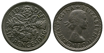 Великобритания 6 пенсов 1956 Елизавета II (1952-2022) KM 903, Spink 4149 медно-никель 4381-656