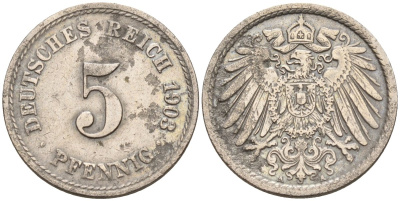 Германия 5 пфеннигов 1903 J KM 11, J. 12 медно-никель 4151-442