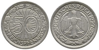 Германия 50 рейхспфеннигов 1927 A KM 49, J. 324 никель 4380-413