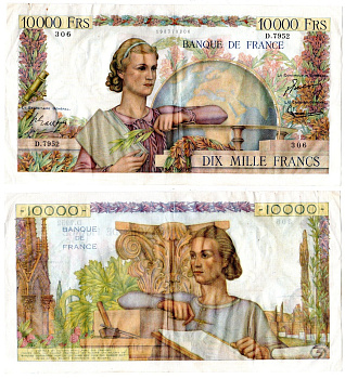 Франция 10000 франков 1955 Женщина с книгой, глобусом. Женщина с блокнотом, инструментами Pick 132 d бумага 451-1080-2
