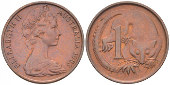 АВСТРАЛИЯ 1 ЦЕНТ 1983 ЕЛИЗАВЕТА II, МОЛОДОЙ ПОРТРЕТ, ОПОССУМ KM 62 бронза 3851-1118