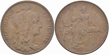 ФРАНЦИЯ 10 САНТИМОВ 1912 ТИП ДАНИЭЛЬ ДЮПЮИ KM 843, LA FRANC 136.22 бронза 109-246