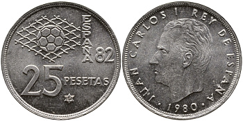 Испания 25 песет 1980 (82) чемпионат мира по футболу в Испании 1982 года, Хуан Карлос I (1975-) KM 818 медно-никель 4379-125