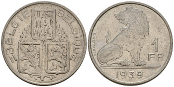 Бельгия 1 франк 1939 Belgie - Belgique KM 120 никель 4603-1256