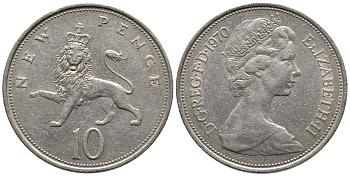 Великобритания 10 пенсов 1970 Елизавета II (1952-2022) KM 912, Spink 4231 (F1) медно-никель 86-1546