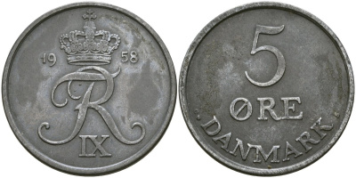 Дания 5 эре 1958 C;S, Фредерик IX (1947-1972) KM 843.2 цинк 4137-612
