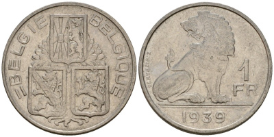 Бельгия 1 франк 1939 Belgie - Belgique KM 120 никель 4603-1256