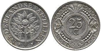 Нидерландские Антилы 25 центов 1990 Беатрикс (1980-2013) KM 35 никелированная сталь 4576-1229