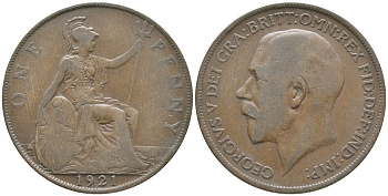 Великобритания 1 пенни 1921 Георг V (1910-1936) KM 810, Spink 4051 бронза 32-516