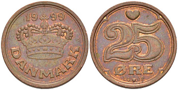 ДАНИЯ 25 ЭРЕ 1999 LG; JP; A, МАРГРЕТЕ II (1972-) KM 868.1 бронза 100-562