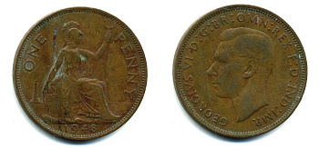 Великобритания 1 пенни 1948 Георг VI (1936-1952) KM 845, Spink 4114 бронза 57-142