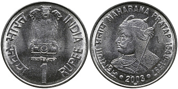 Индия 1 рупия 2003 Махарана Пратап Сингх I KM 314 сталь UNC 4388-743