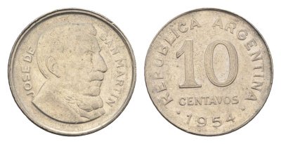 Аргентина 10 сентаво 1954 генерал Хосе де Сан Мартин KM 51 сталь плакированная никелем 4664-552