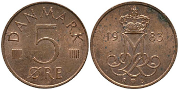 ДАНИЯ 5 ЭРЕ 1983 R; B, МАРГРЕТЕ II (1972-) KM 859.3 железо плакированное медью 116-162