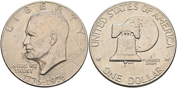 США 1 доллар 1976 200 лет независимости, Эйзенхауэр, колокол, тип II KM 206 медь плакированная медно-никель 4578-234