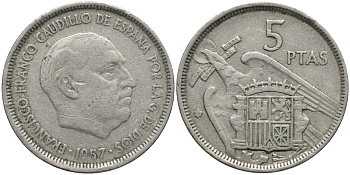 Испания 5 песет 1957 (58) Франсиско Франко (1939-1975) KM 786 медно-никель 4171-514