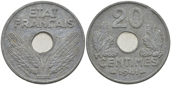 Франция 20 сантимов 1941 Правительство Виши KM 900.1 цинк 77-911