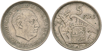 Испания 5 песет 1957 Франсиско Франко (1939 - 1975) KM 786 медно-никель 4155-514