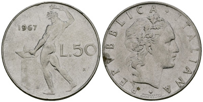 Италия 50 лир 1967 R, бог огня Вулкан у наковальни KM 95.1 нержавеющая сталь 4138-557