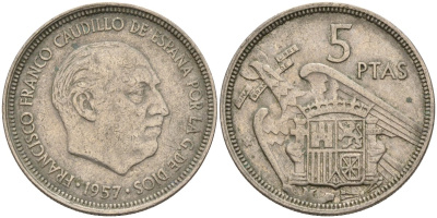 Испания 5 песет 1957 Франсиско Франко (1939 - 1975) KM 786 медно-никель 4155-514
