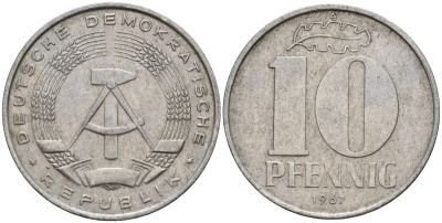 ГДР 10 пфеннигов 1967 A KM 10 алюминий 27-413